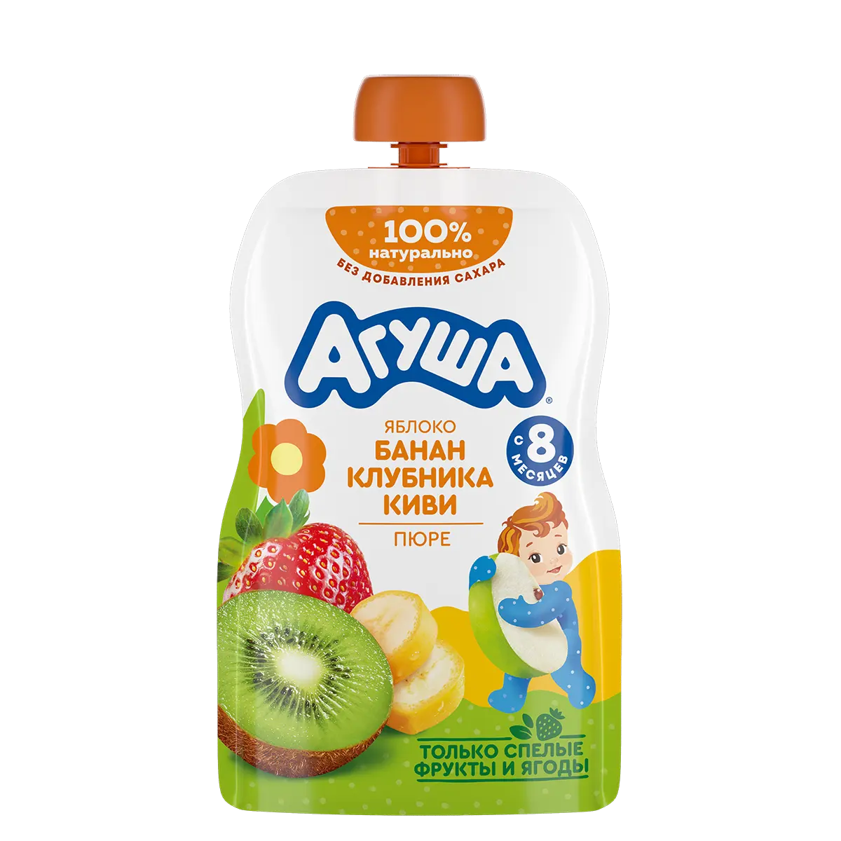 Alma-banan-çiyələk-kivi meyvə püresi